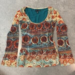 Vintage Y2K Microsheer Green Psychedelic Fairycore Longsleeve Flare Blouse M